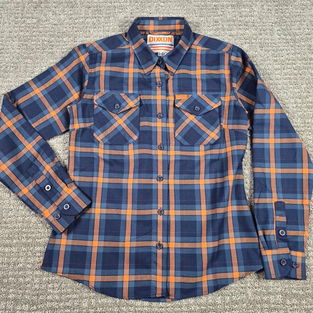 Dixxon Flannel Shirt Womens M Blue Orange Plaid High Fives Foundation D-Tech